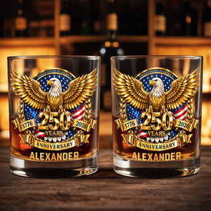 United States Of America Anniversary Bald Eagle With American Flag Gold Effect - Personalized Custom Whiskey Glass - INDE541_RWG