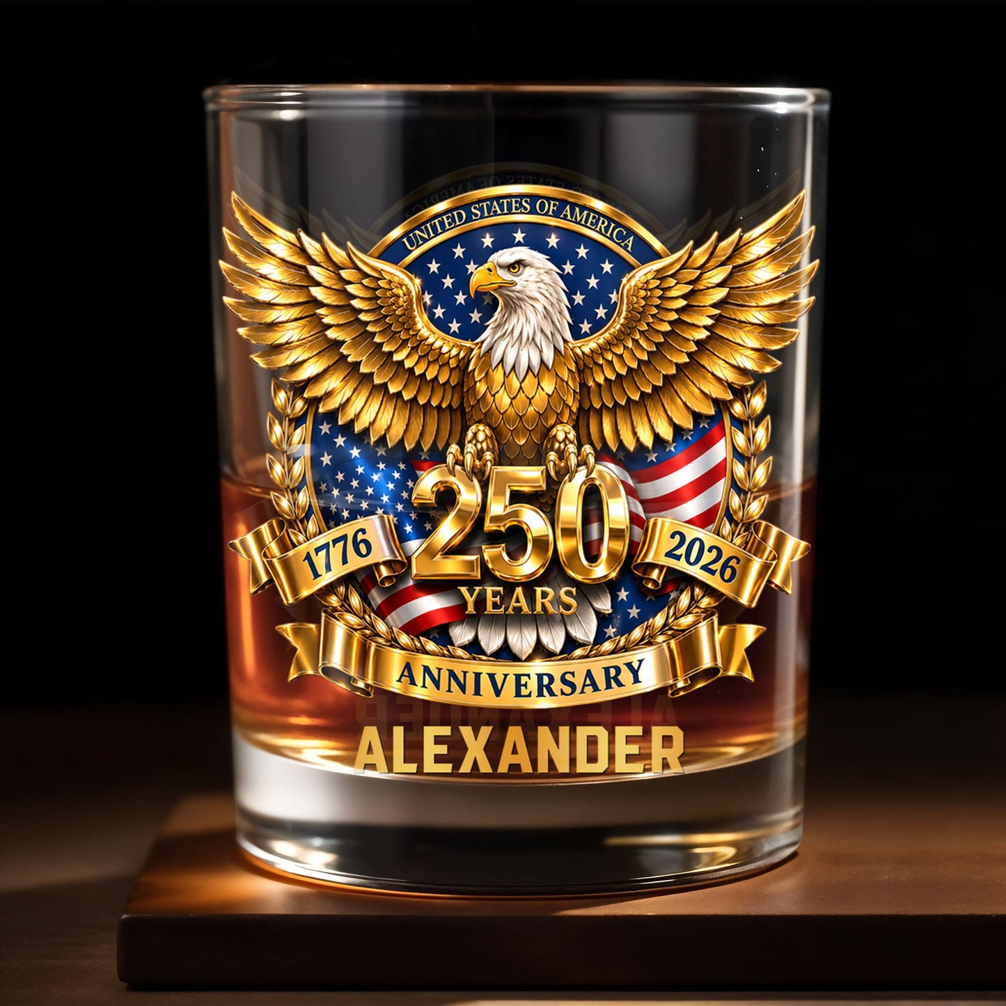 United States Of America Anniversary Bald Eagle With American Flag Gold Effect - Personalized Custom Whiskey Glass - INDE541_RWG