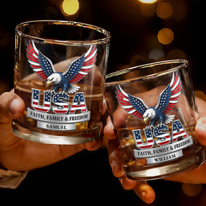 USA Faith Family And Freedom Patriotic Eagle With Flag Design - Personalized Custom Whiskey Glass - INDE633_RWG
