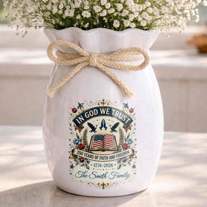 In God We Trust Years Of Faith And Freedom American Flag Bible - Personalized Ribbon Tie Flower Vase
