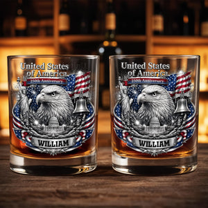 United States of America Anniversary Bald Eagle and American Flag - Personalized Custom Whiskey Glass - INDE642_RWG
