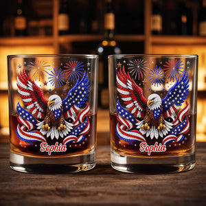 Majestic American Eagle With Patriotic Fireworks And Flag Wings - Personalized Custom Whiskey Glass - INDE654_RWG