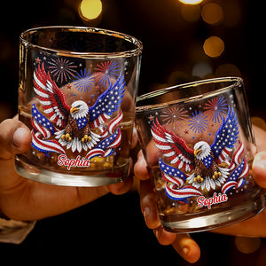 Majestic American Eagle With Patriotic Fireworks And Flag Wings - Personalized Custom Whiskey Glass - INDE654_RWG