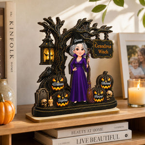 Grandma Witch With Grandkids Jack-O’-Lanterns - Personalized Wooden Plaque - Spooky Halloween Gift For Grandma