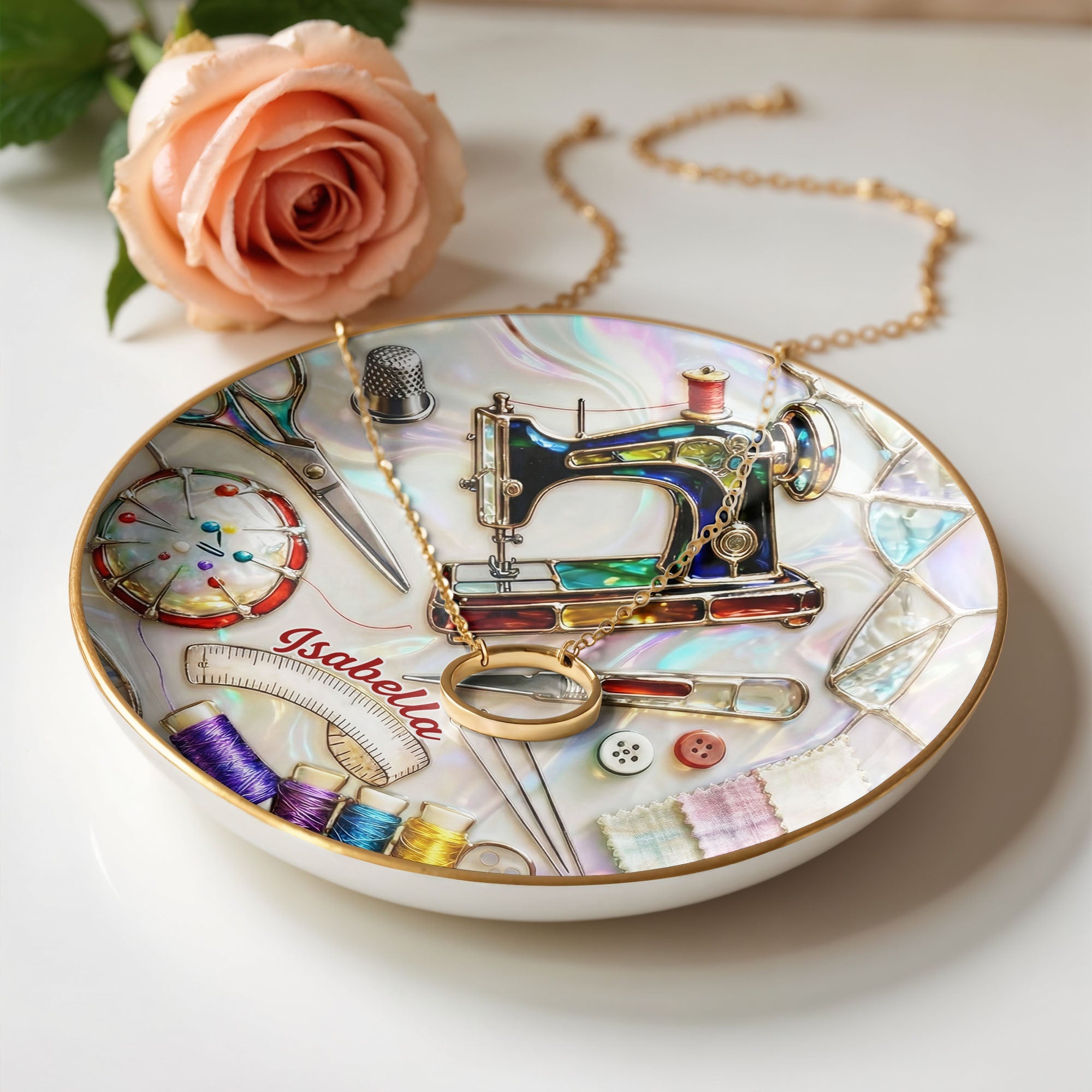 Where Creativity Comes To Life Vintage Sewing Machine And Thread Spools - Personalized Custom Jewelry Dish, Ceramic Dish, Round Shape - JBS043_RCRF