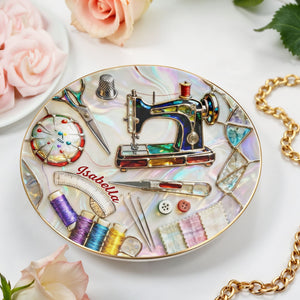 Where Creativity Comes To Life Vintage Sewing Machine And Thread Spools - Personalized Custom Jewelry Dish, Ceramic Dish, Round Shape - JBS043_RCRF