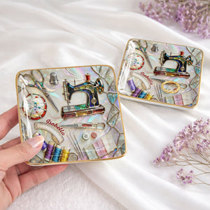 Stitched With Love Sewing Machine Scissors And Colorful Thread Spools - Personalized Custom Jewelry Dish, Ceramic Dish, Square Shape - JBS043_SCRF