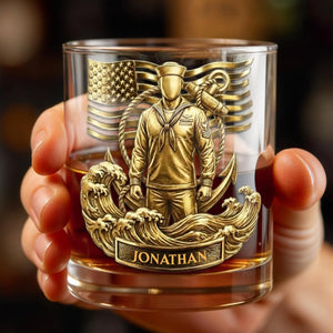 Honoring Our Heroes, American Flag And Military Figure - Personalized Custom Whiskey Glass - JBS076_RWG