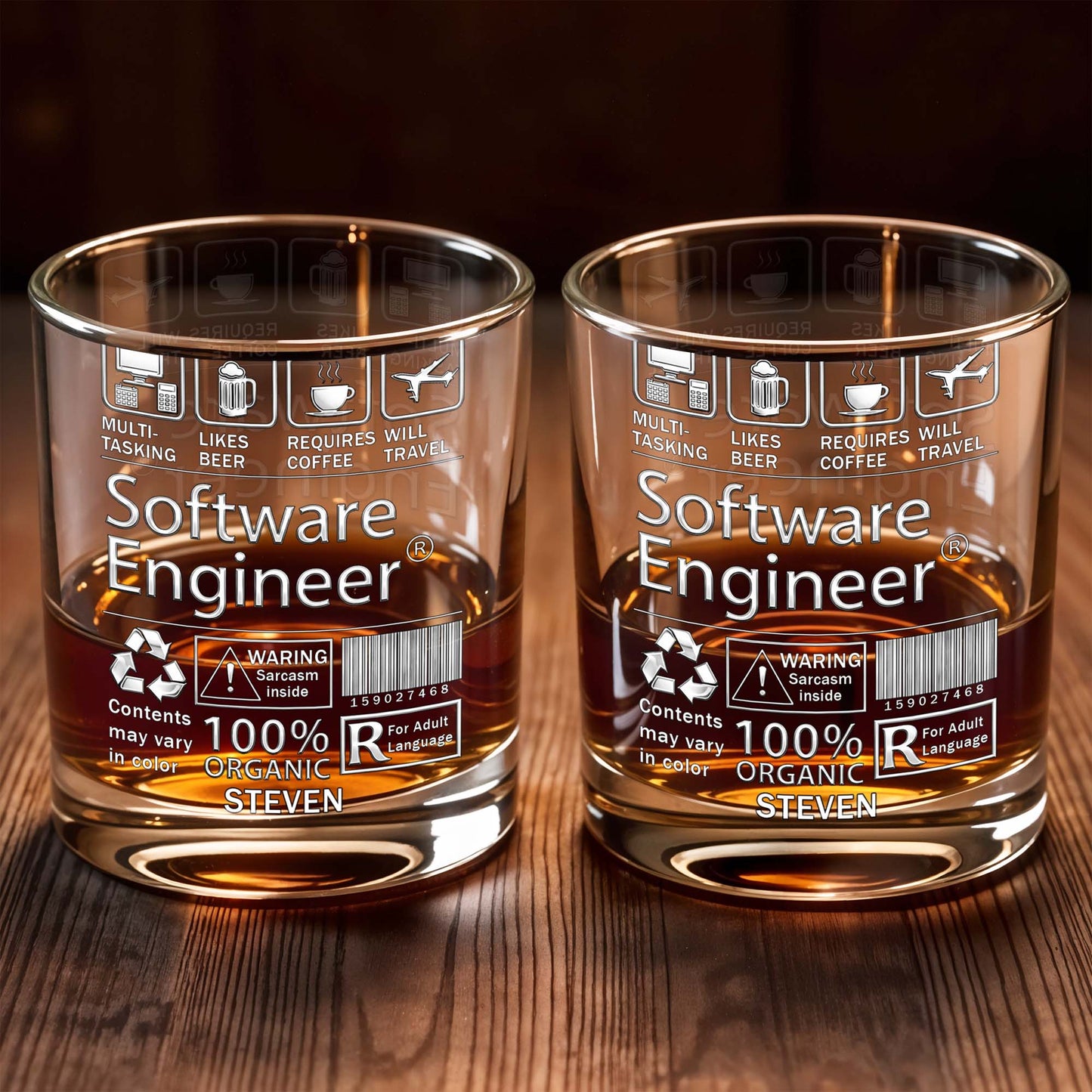 Multi-Tasking Software Engineer With Beer Coffee And Travel Icons - Personalized Custom Whiskey Glass - JBS103_RWG