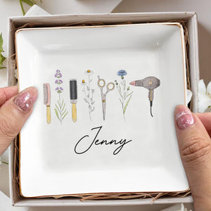 Creativity And Nature Hairstylist Design With Flowers And Hair Tools - Personalized Custom Jewelry Dish, Square Ceramic Dish - JBS166_SCRD