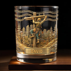 Lineman Climbing Utility Pole With City Skyline And Pine Trees Design - Personalized Custom Whiskey Glass - JBS286_RWG