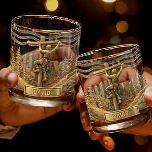 Lineman Climbing Utility Pole With City Skyline And Pine Trees Design - Personalized Custom Whiskey Glass - JBS286_RWG