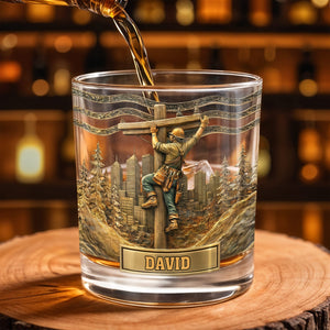 Lineman Climbing Utility Pole With City Skyline And Pine Trees Design - Personalized Custom Whiskey Glass - JBS286_RWG