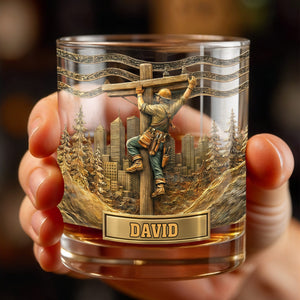 Lineman Climbing Utility Pole With City Skyline And Pine Trees Design - Personalized Custom Whiskey Glass - JBS286_RWG