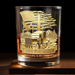 Jesus Is My Savior Trucking Is My Therapy With Cross And Truck Design - Personalized Custom Whiskey Glass - JBS300_RWG