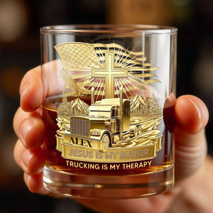 Jesus Is My Savior Trucking Is My Therapy With Cross And Truck Design - Personalized Custom Whiskey Glass - JBS300_RWG