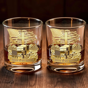 Jesus Is My Savior Trucking Is My Therapy With Cross And Truck Design - Personalized Custom Whiskey Glass - JBS300_RWG