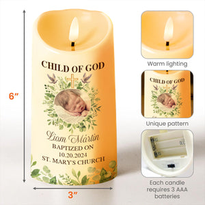 Child Of God Baptism Candle With Cross And Leaves - Personalized Custom LED Candle - KID014_LECA