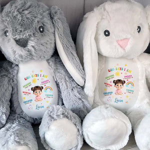 God Says I Am Amazing, Worthy, Loved, Enough, Rainbow and Stars - Personalized Stuffed Bunny - KID040_BUN