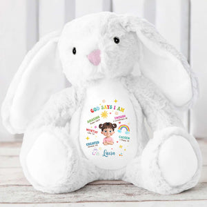 God Says I Am Amazing, Worthy, Loved, Enough, Rainbow and Stars - Personalized Stuffed Bunny - KID040_BUN