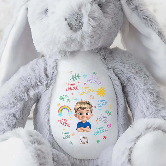 I Am Unique, I Am Helpful, I Am Grateful, Positive Affirmations On Bunny - Personalized Stuffed Bunny - KID041_BUN