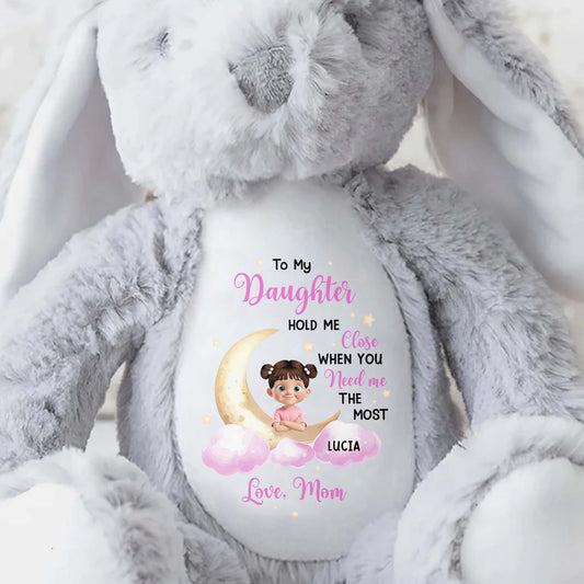 To My Daughter Hold Me Close, Stuffed Bunny, Moon and Clouds - Personalized Stuffed Bunny - KID042_BUN