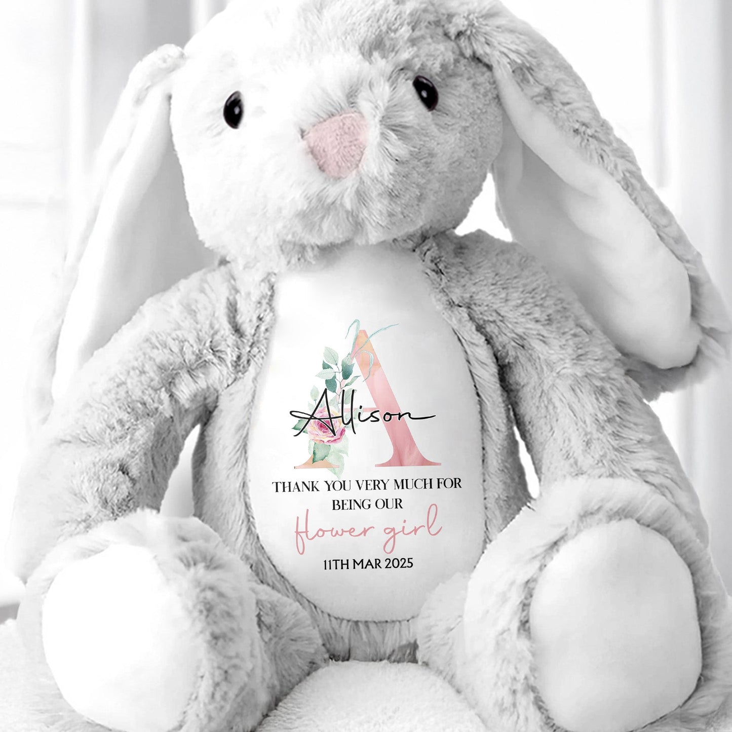 Thank You Very Much For Being Our Flower Girl, Stuffed Bunny With Floral Design - Personalized Stuffed Bunny - KID049_BUN
