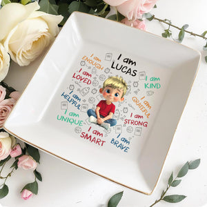 I Am Loved, I Am Strong Positive Affirmations Dish - Personalized Custom Jewelry Dish, Square Ceramic Dish - KID243_SCRD
