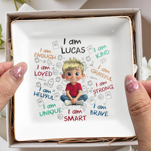 I Am Loved, I Am Strong Positive Affirmations Dish - Personalized Custom Jewelry Dish, Square Ceramic Dish - KID243_SCRD