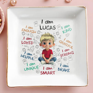 I Am Loved, I Am Strong Positive Affirmations Dish - Personalized Custom Jewelry Dish, Square Ceramic Dish - KID243_SCRD