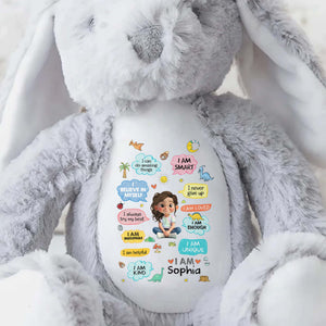 I Can Do Amazing Things Smart Girl With Dinosaurs And Hearts - Personalized Stuffed Bunny - KID348_BUN