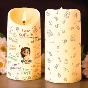 I Am Kind, Grateful and Amazing Candle With School Supplies and Girl - Personalized Custom LED Candle - KID455_LECA
