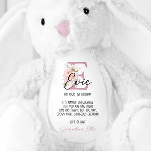 On Your 1st Birthday, Lovely Floral Design - Personalized Stuffed Bunny - KID512_BUN