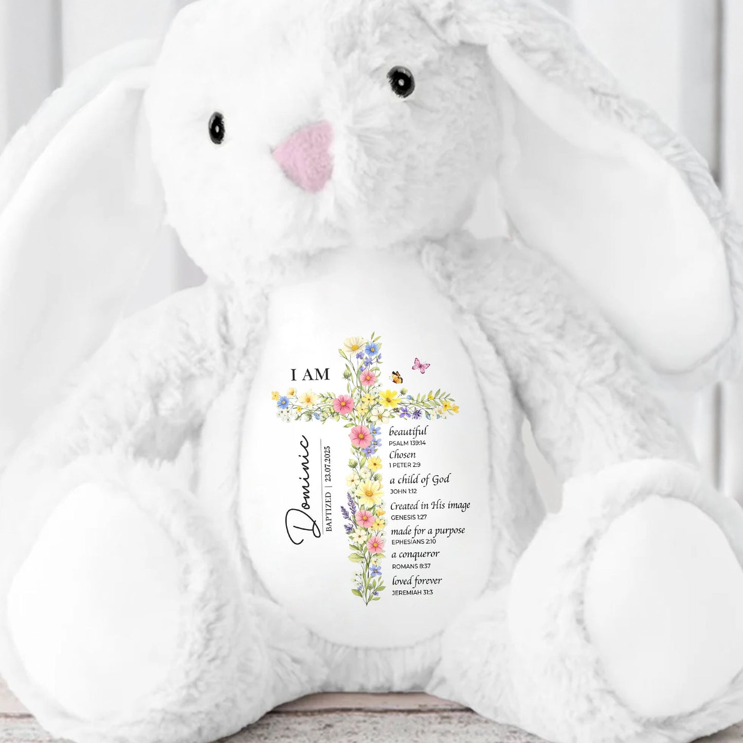 I AM Beautiful Chosen A Child Of God Floral Cross Religious - Personalized Stuffed Bunny - KID534_BUN