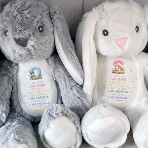 I Am Kind Smart Brave Affirmations With Initial Rabbit And Flowers - Personalized Stuffed Bunny - KID548_BUN