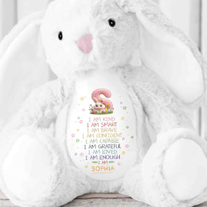 I Am Kind Smart Brave Affirmations With Initial Rabbit And Flowers - Personalized Stuffed Bunny - KID548_BUN