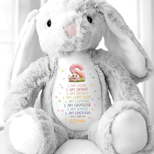 I Am Kind Smart Brave Affirmations With Initial Rabbit And Flowers - Personalized Stuffed Bunny - KID548_BUN