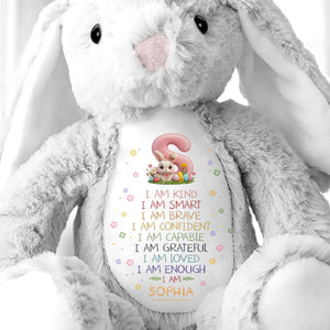 I Am Kind Smart Brave Affirmations With Initial Rabbit And Flowers - Personalized Stuffed Bunny - KID548_BUN