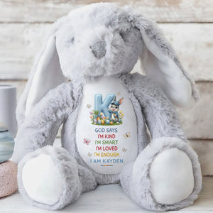 God Says I Am Kind Smart Loved Enough With Easter Bunny And Eggs - Personalized Stuffed Bunny - KID613_BUN