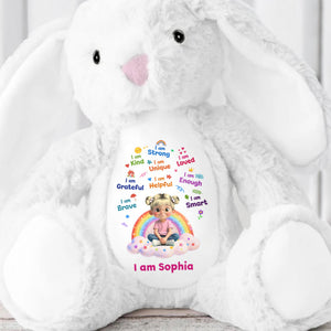 I Am Strong Kind Unique Rainbow Girl Affirmations - Personalized Stuffed Bunny - KID639_BUN