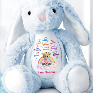 I Am Strong Kind Unique Rainbow Girl Affirmations - Personalized Stuffed Bunny - KID639_BUN