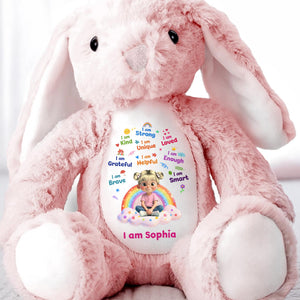 I Am Strong Kind Unique Rainbow Girl Affirmations - Personalized Stuffed Bunny - KID639_BUN