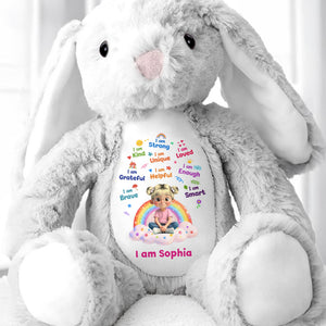 I Am Strong Kind Unique Rainbow Girl Affirmations - Personalized Stuffed Bunny - KID639_BUN