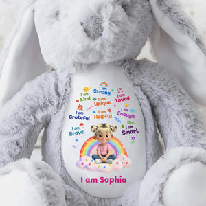 I Am Strong Kind Unique Rainbow Girl Affirmations - Personalized Stuffed Bunny - KID639_BUN