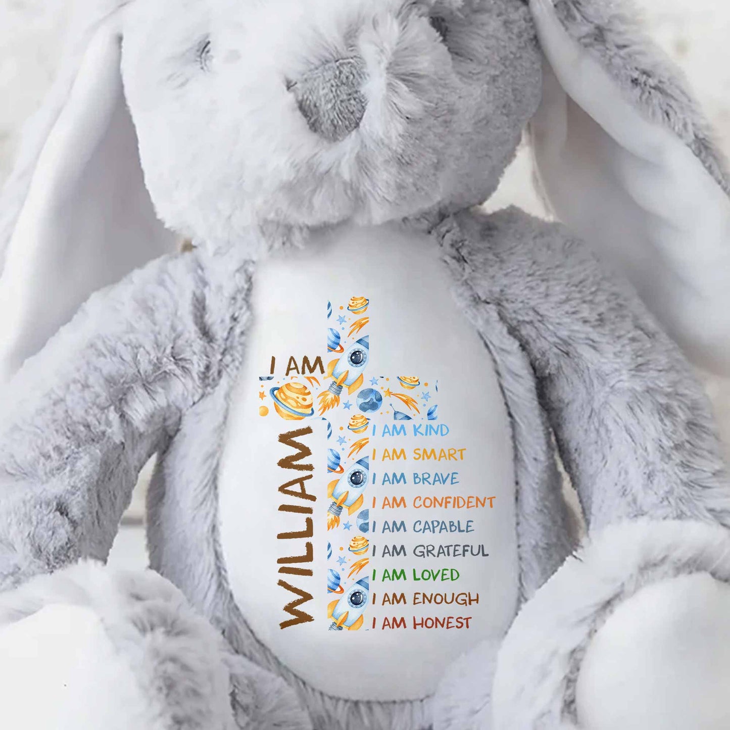 I Am Kind Affirmations Floral Cross Flowers - Personalized Stuffed Bunny - KID677_BUN