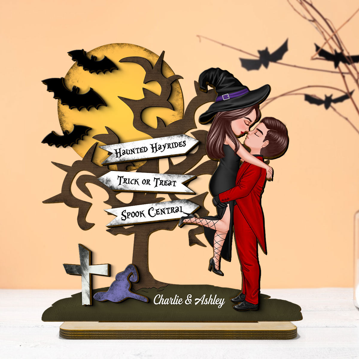 Halloween Couple Kissing Sign - Personalized 2-Layer Standing Wooden Plaque - Gift For Wife, Husband