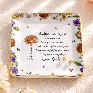 Thankful For Your Love Mother-In-Law, Flowers And Butterflies - Personalized Custom Jewelry Dish, Ceramic Dish, Square Shape - MOLA001_SCRF