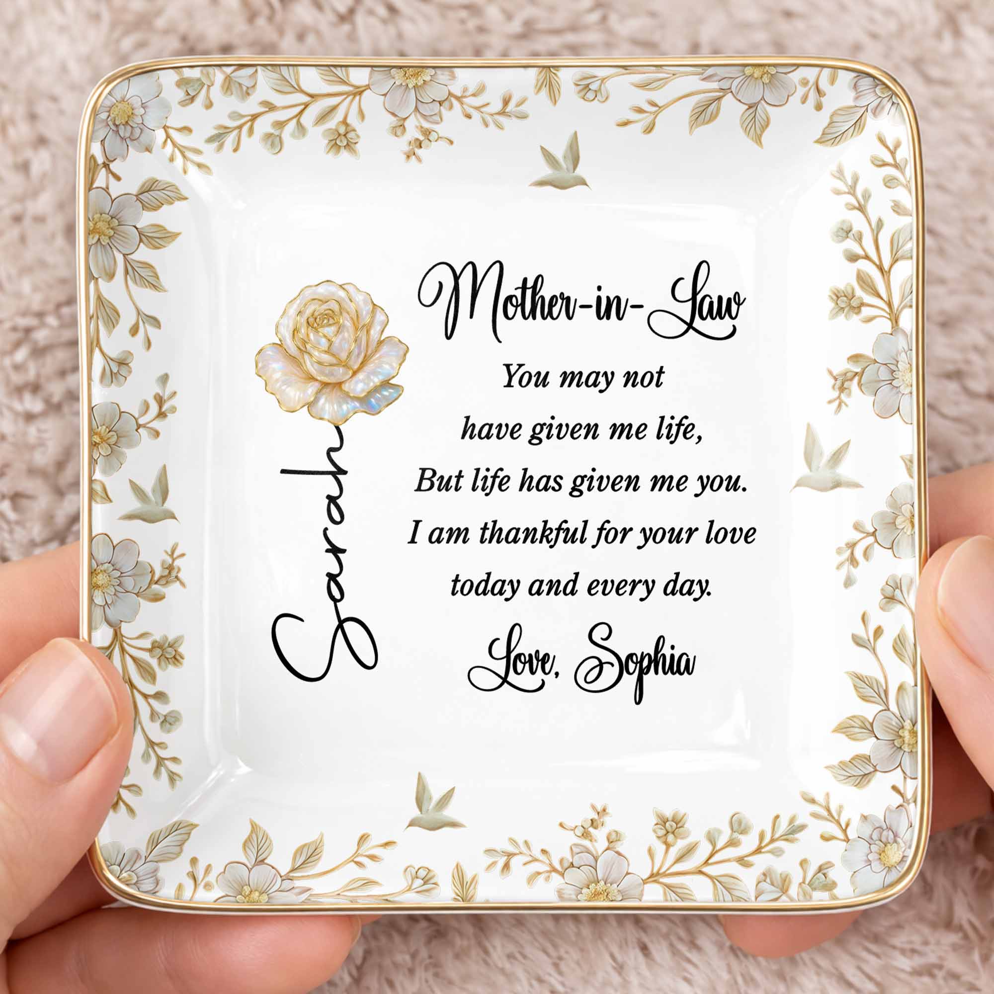 Mother In Law You May Not Have Given Me Life Flower And Bird Jewelry Dish - Personalized Custom Jewelry Dish, Ceramic Dish, Square Shape - MOLA004_SCRF