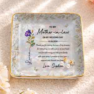 To My Mother In Law On My Wedding Day Birth Month Flowers - Personalized Custom Jewelry Dish, Ceramic Dish, Square Shape - MOLA009_SCRF