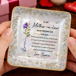 To My Mother In Law On My Wedding Day Birth Month Flowers - Personalized Custom Jewelry Dish, Ceramic Dish, Square Shape - MOLA009_SCRF